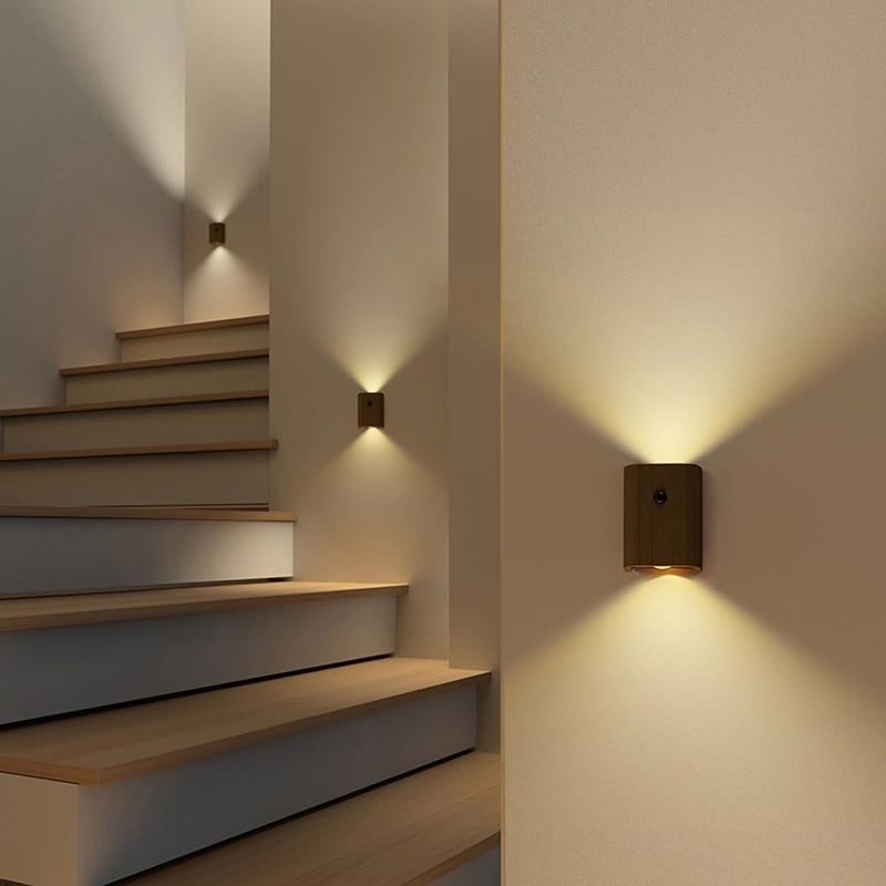 [AUSTRALIA] - LANDGOO 2-Pack Wood Step Light with Motion Sensor, Rechargeable Stair Night Light Set, Sapele Wood 2700K Warm White LED Wall Lamps, Easy No-Wire Installation for Hallway Bedroom Staircase Walnut Wood 2ps 