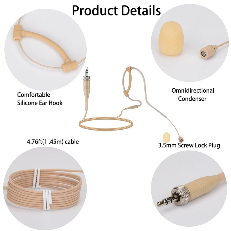 YXG Headworn Earset Over Ear Hanging Mic Beige Low Profile Light-Weight Microphone Compatible with Sennheiser Wireless System Bodypack Transmitter, with 3.5mm Female Screw Plug