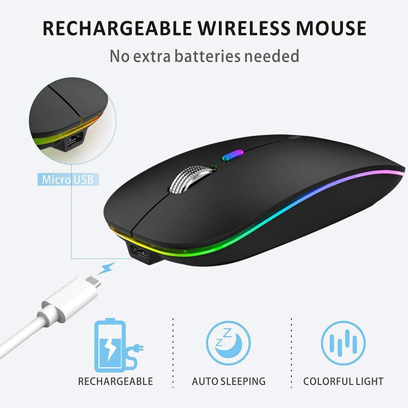 LED Wireless Mouse, Uiosmuph G12 Slim Rechargeable Wireless Silent Mouse, 2.4G Portable USB Optical Wireless Computer Mice with USB Receiver and Type C Adapter (Matte Black) Matte Black