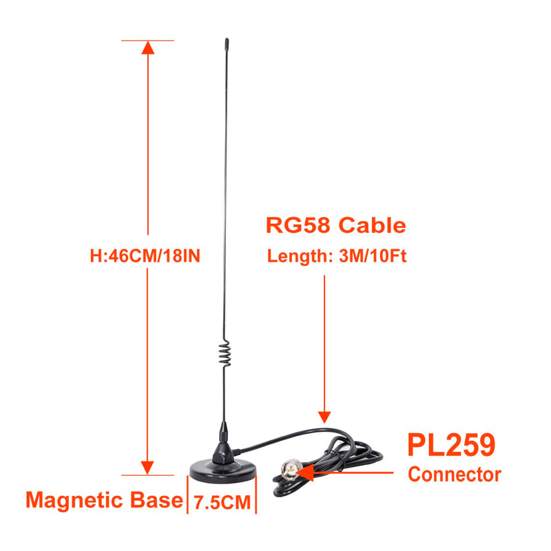 [AUSTRALIA] - Dualband Antenna 2meter 70cm Mobile VHF/UHF Ham Radio (137-149, 437-480 Mhz) Mag Mount Magnet Base PL-259 Connector, 10 Ft RG58 Cable 