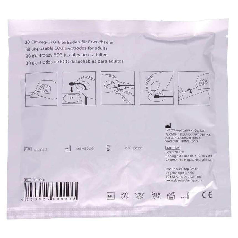 DocCheck Disposable Electrodes "Bzzz" - Pack of 30 Push Button Connection, Diameter 50 mm, Foam, For ECG and Ergometrics, Good Contact Properties, Lasting Conductivity, Comfortable to Wear,