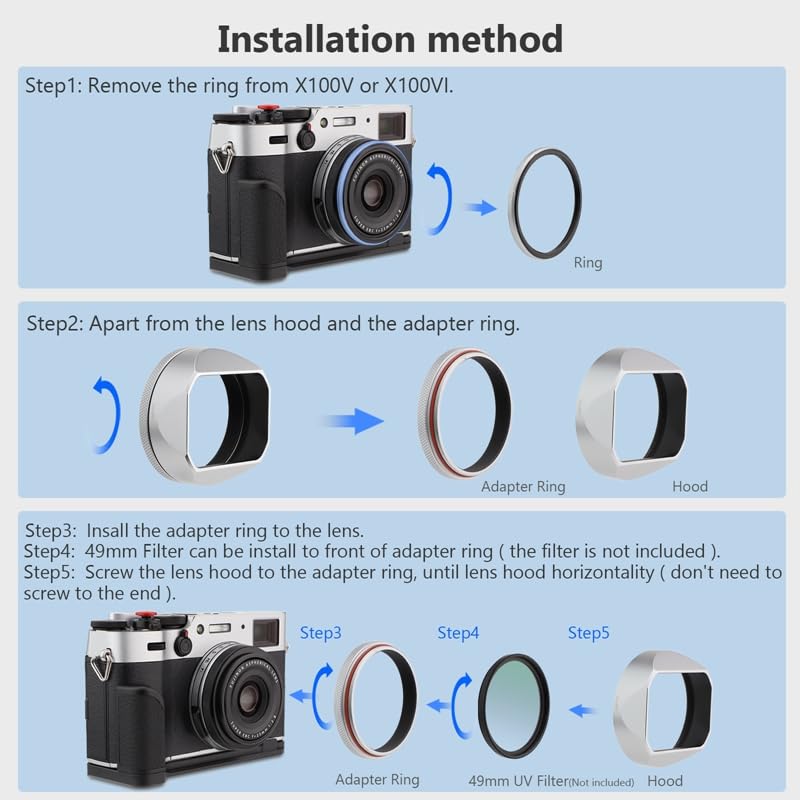 [AUSTRALIA] - X100VI Square Metal Lens Hood for Fujifilm Fuji X100VI Camera Silver with 49mm UV Filter Adapter Ring Haoge LH-X54W 