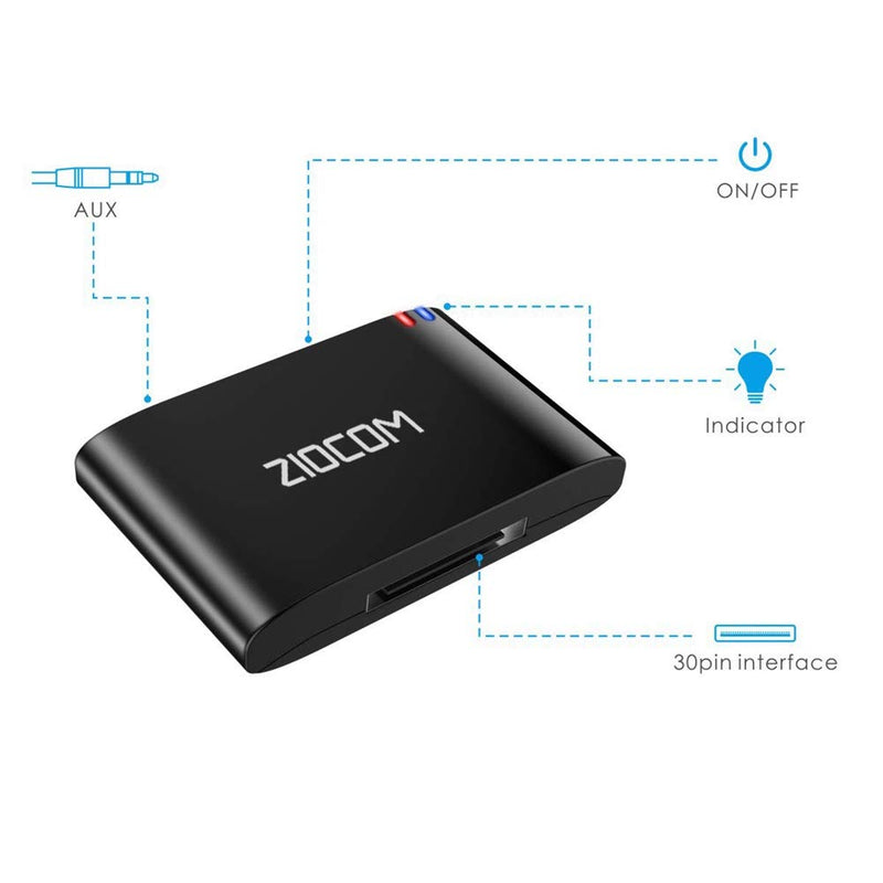 ZIOCOM 30 Pin Bluetooth Adapter Receiver for Bose iPod iPhone SoundDock and Other 30 pin Dock Speakers with 3.5mm Aux Cable(Not for Car and Motorcycles),Black