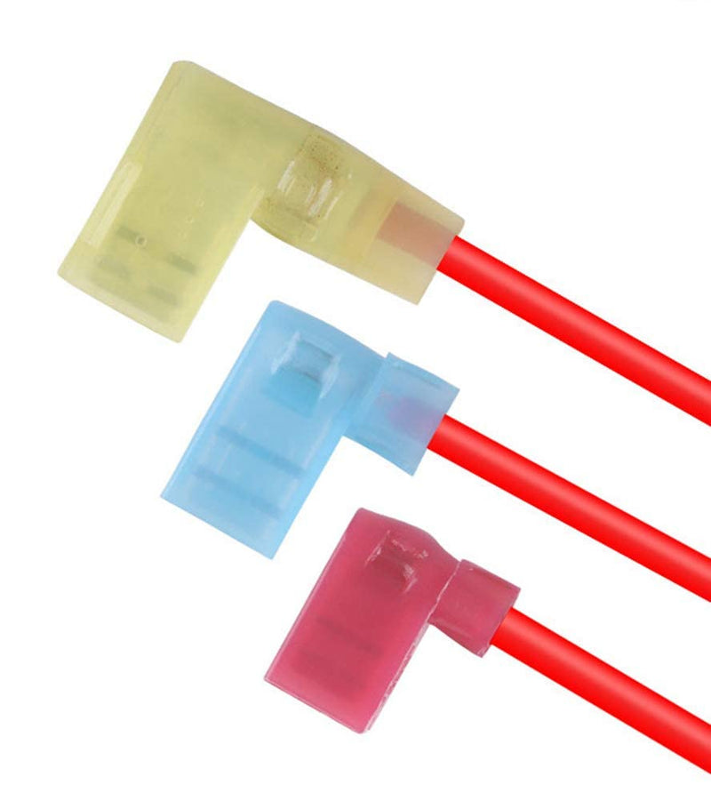 Gebildet Pack of 100 90 Degree Nylon Insulated Connectors, Fully Insulated Flag Female Quick Connectors, Flag Spade Crimp Connection Terminals Female 12-10 AWG/ 22-14 AWG (Red 40, Blue 40, Yellow 20) L Male