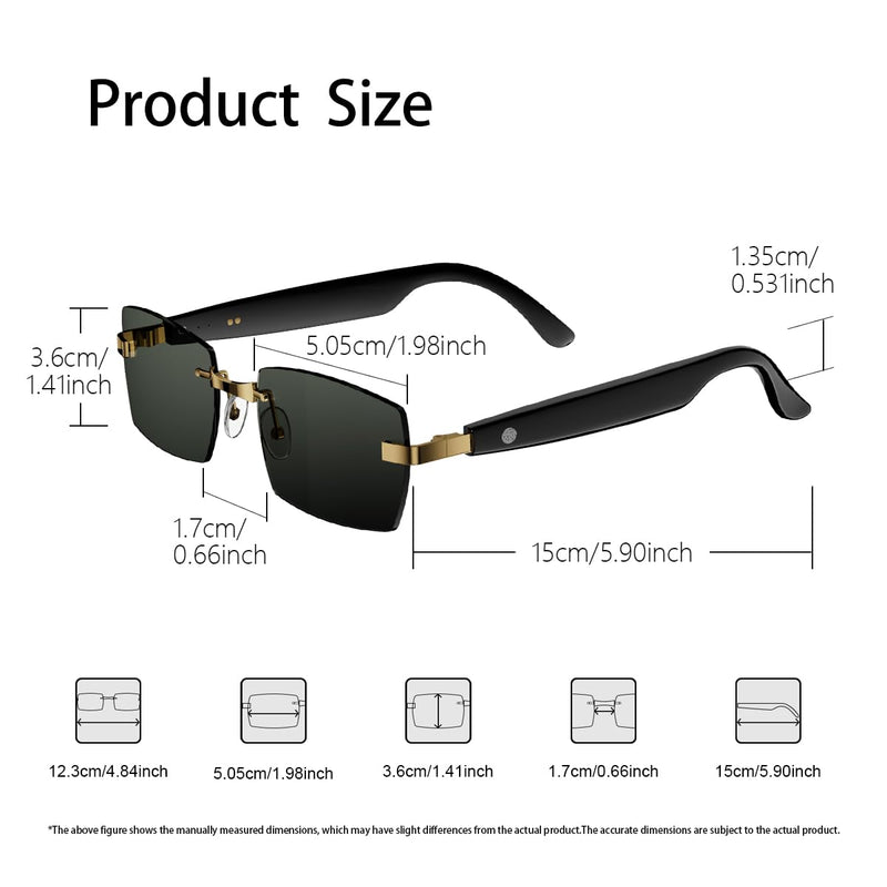 Smart Glasses, Bluetooth sungglasses, frameless lenses, built-in microphone and speaker, Athletic/Outdoor UV Protection and Voice Control,Unisex
