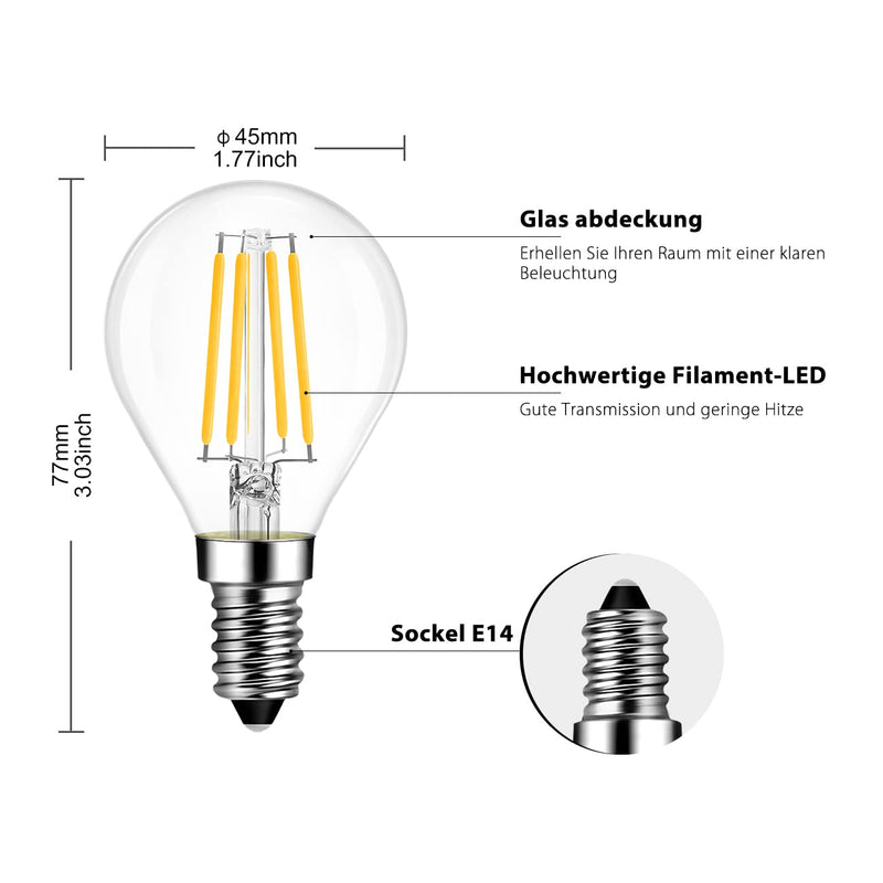 LVWIT E14 LED Lampe P45 Tropfenform, 4W (ersetzt 40W), 2700K Warmweiß Fadenlampe ultrahell 470 lm, Mini Globe, Rustikalampe Filament LED klar, 6er Pack 6