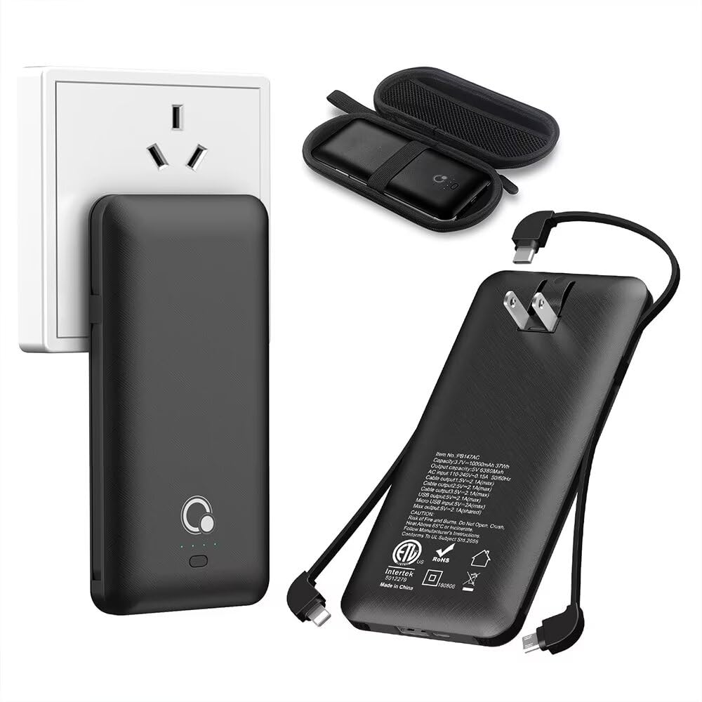 Q 10000mAh Power Bank, Slim Portable Charger,4 Output External Battery Pack with Built-in AC Wall Plug Micro USB C 3 Cables Compatible with iPhone Samsung Android Phone Tablet and More Black