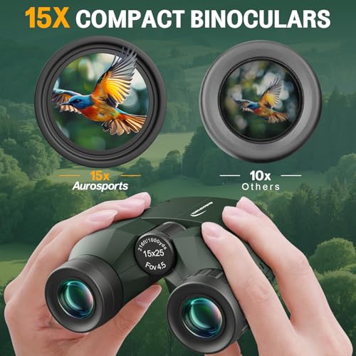 Aurosports 15x25 Compact Binoculars for Adult Kids - High Power Binoculars for Bird Watching - Easy Focus Small Binocular with Low Light Vision for Travel, Camping, Concert, Hiking -Green green