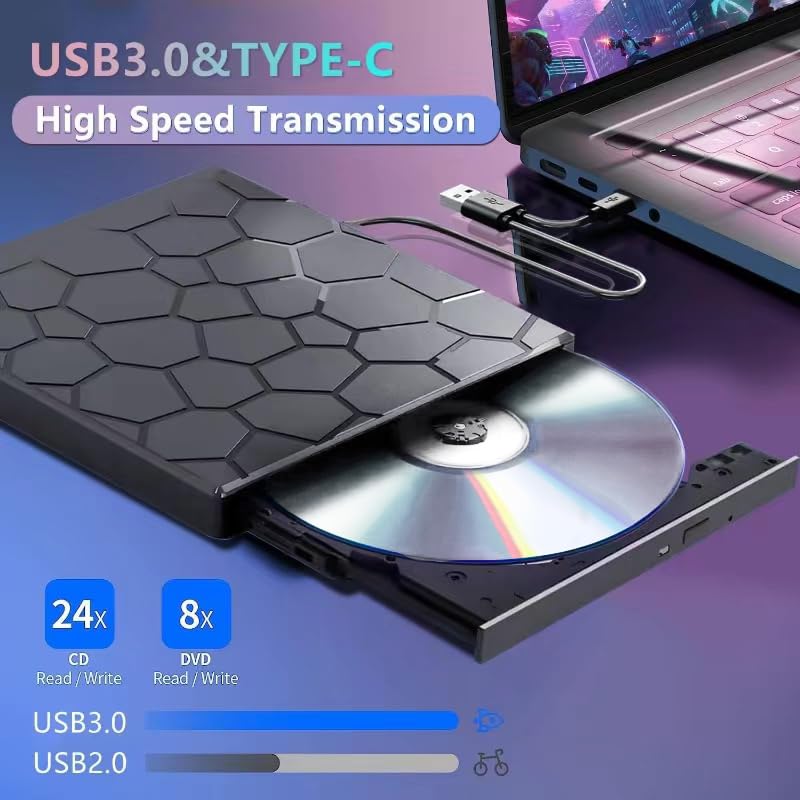 [AUSTRALIA] - External CD/DVD Drive for Laptop, Portable DVD Player for Laptop, 8 in 1 USB 3.0 CD/DVD-ROM +/-RW CD Burner,cd Drive External USB cd Reader Compatible with Desktop Mac,Windows 11/10/8/7 Linux 