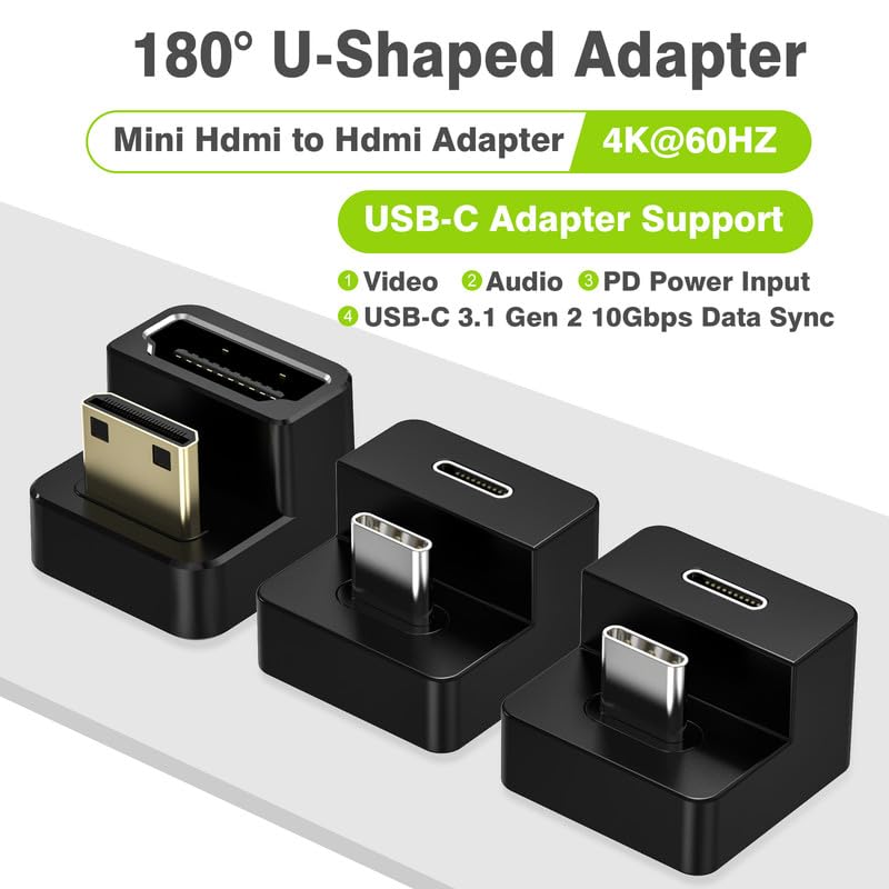 AGVEE 180 Degree Angled USB-C to USB-C Adapter and Short Side Inward U-Shaped Mini HDMI to HDMI Converter, HDMI 2.0 4k@60HZ, Coupler Extender Extension for Portable Display Monitor, Black