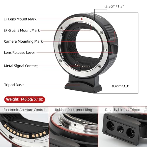 EF-EOS R Mount Adapter Auto-Focus Lens Mount Adapter Converter Ring Compatible with Canon EF/EF-S Series Lens to EOS R, RP, R3, R5, R6, R6II, R7, R8, R10, R50, R100 Cameras EF-EOS R1