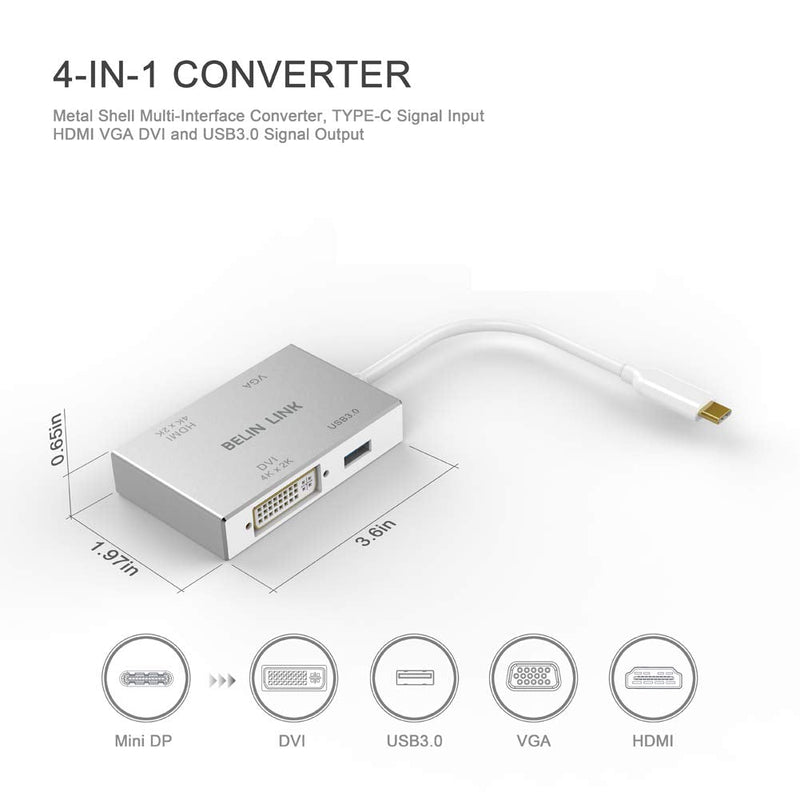 USB C to HDMI DVI VGA USB3.0 Adapter,USB 3.1 Type-C 4in1 Hub to HDMI DVI 4K VGA USB Adaptor Converter (Thunderbolt 3 Compatible), USB-C Adapter for MacBook/MacBook Pro air/Surface pro