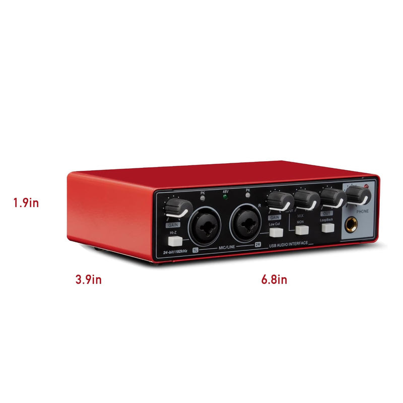 [AUSTRALIA] - USB Audio Interface, Interface for Recording Music, USB2.0 Studio Equipment for Mac/PC, XLR Input, 24Bit/192kHz, Plug & Play, 48V Phantom Power, Red 