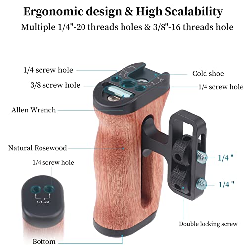 FocusFoto Wooden Side Handle Grip Left/Right Handgrip with 1/4"-20 & 3/8"-16 & Cold Shoe Mount Universal for DSLR Mirrorless Camera Cage Rig Video LED Light (Standard Version) Standard Version