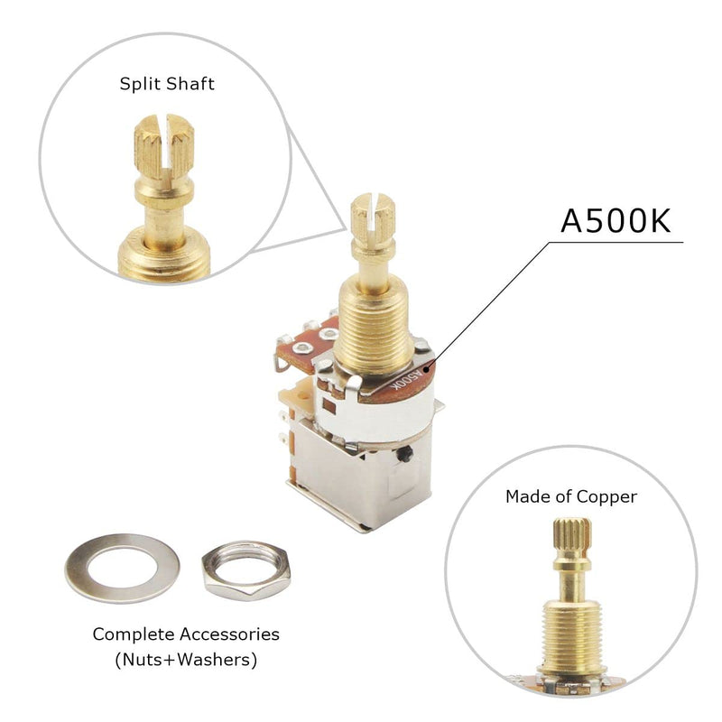 FLEOR 2pcs A500K Push Push Guitar Pots Audio Taper Potentiometers Long Copper Split Shaft A500K Long shaft