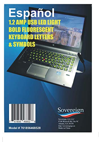 Spanish/English Keyboard Stickers with Fluorescent Inlays. Large Symbols Will Not Wear, Smudge or Fade. for All Laptop and Desktop Keyboards Also Free USB LED Light (White).