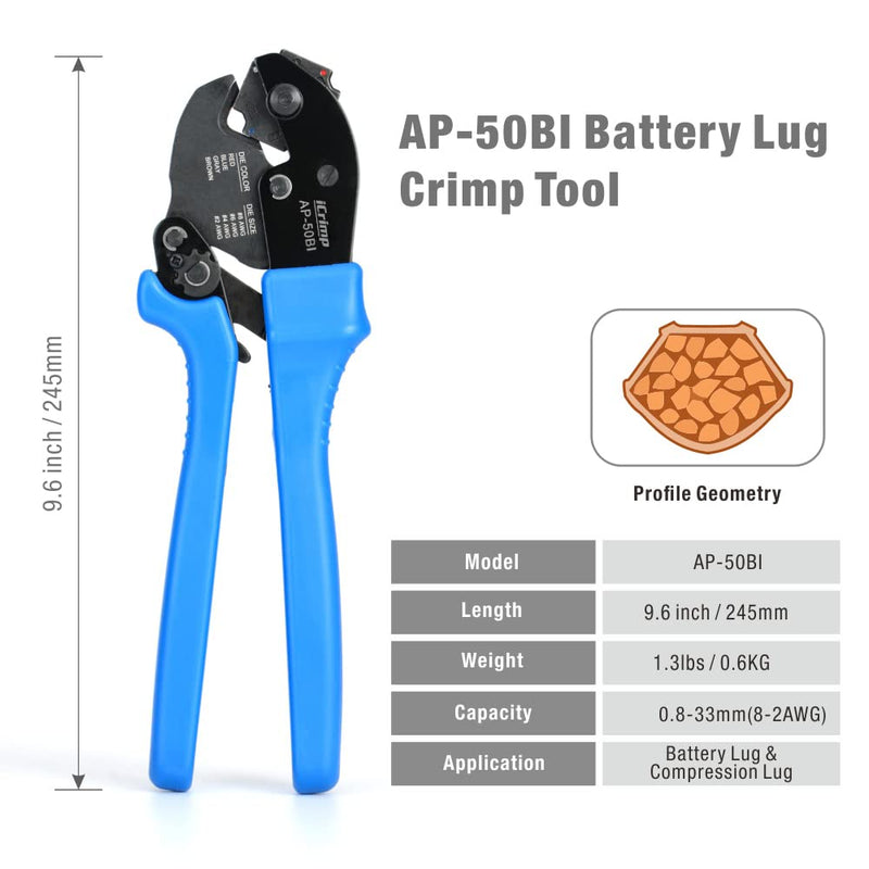 [AUSTRALIA] - iCrimp AP-50BI Battery Cable Ring Terminal Crimper for 8, 6, 4, 2AWG Copper Cable Lugs, Heavy Duty Wire Lugs and Battery Cable Ends 