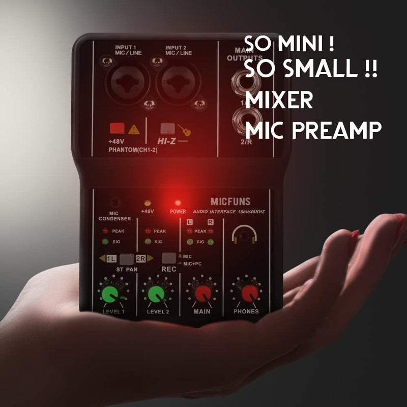 [AUSTRALIA] - Mini 2 channel audio DJ mixer console interface with 48V phantom power Combo Jack Microphone/Guitar XLR+6.35mm, 3.5mm Stereo in, Headphone Jack for studio live show,party recording 