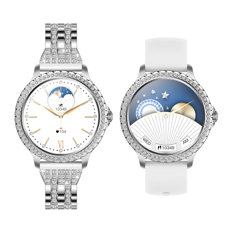 Lady's Fashion Smartwatch BT Call 1.32inch Round Screen Health Monitoring Fitness Tracker Waterproof AI Voice Assistant Women's i58 Smart Watch Synthetic Diamond Band (Silver) Silver