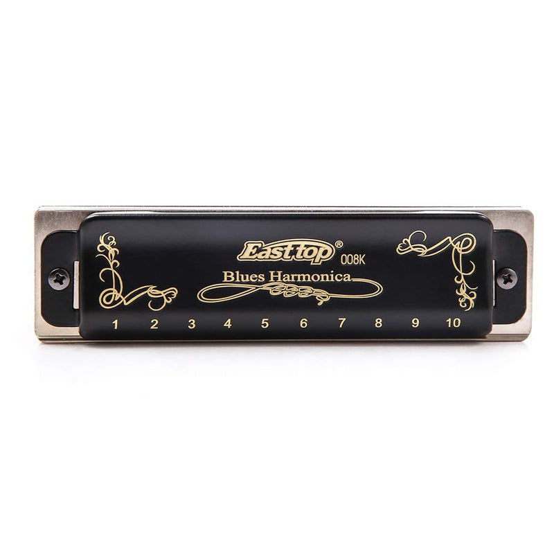 Diatonic Blues Harmonica 10 Holes Blues Harmonica 20 tones black T008K with Case，More Professional Harmonica for Beginner ，Students，Adults and Professional Player (Key of F) Key of F