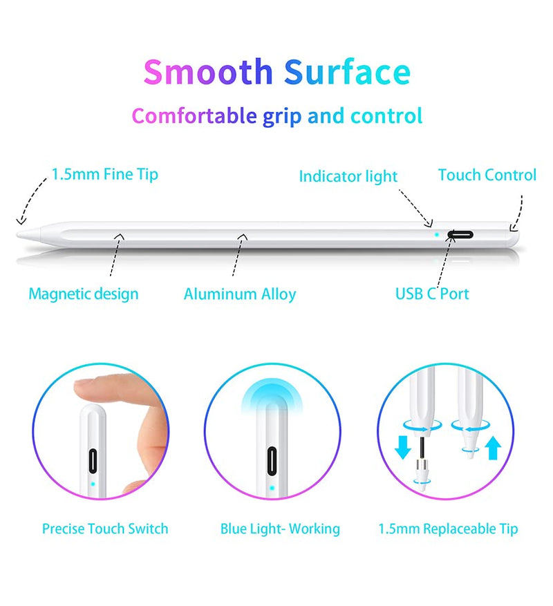 Stylus Pen, Active Stylus Pen Compatible for iOS and Android Touchscreens/Phones, Rechargeable Stylus Pen with Dual Touch Screen , Stylus Pencil for Apple/Android/Samsung Tablet, 16.5CM,White White