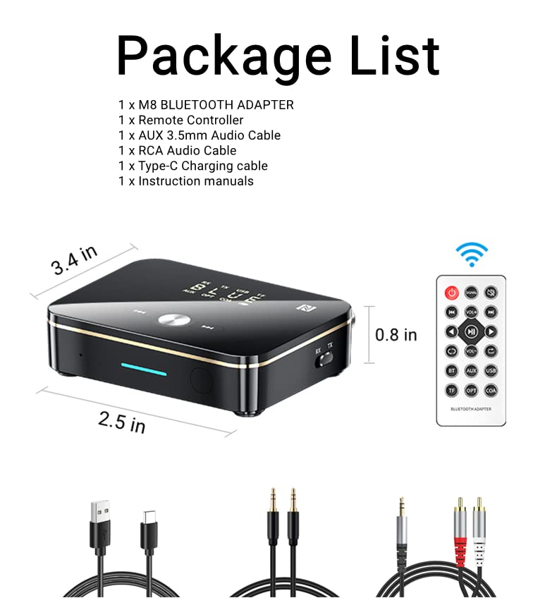 Bluetooth 5.0 Audio Receiver Transmitter 2 in 1 with Remote, Bluetooth Hi-Fi Audio Adapter with 3.5mm＆RCA,COAXIAL,Optical,NFC,Aptx-LL for Home and Car Stereo, AV Receiver or Amplifier