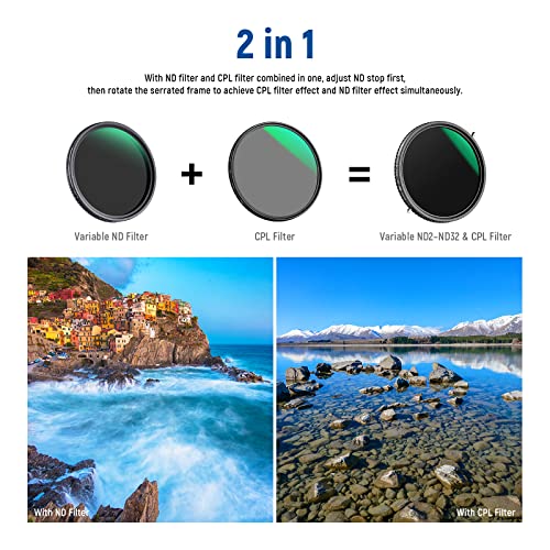 NEEWER 2 in 1 72mm Variable ND Filter ND2–ND32&CPL Filter(Circular Polarizer Filter) No X Cross/30 Layer Nano Coated/HD Optical Glass/Ultra Slim Aluminum Alloy Frame/Water Repellent/Scratch Resistant