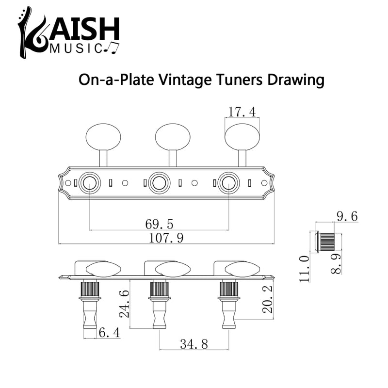Premium 3-per-side On-a-Plate 3x3 Vintage Guitar Tuners Tuning Machines Tuning Keys for Gibson/Epi LP JR Ivory Plastic Oval Button Aged Relic Nickel
