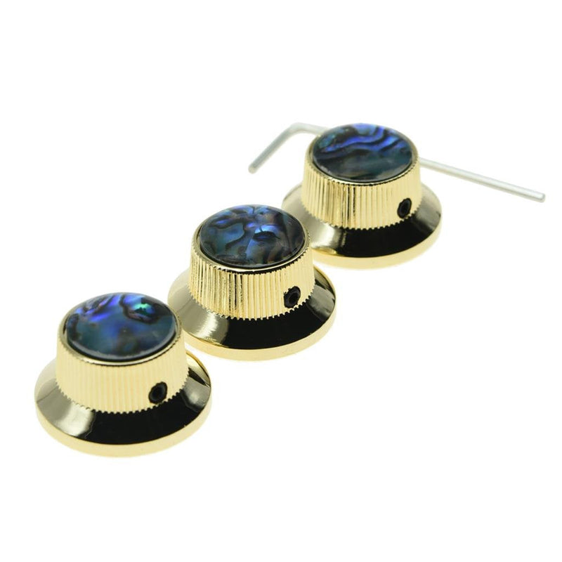 KAISH Set of 3 Set Screw Abalone Top Gold Guitar Bass Knobs Strat Metal Knobs for 6mm Shaft Pots