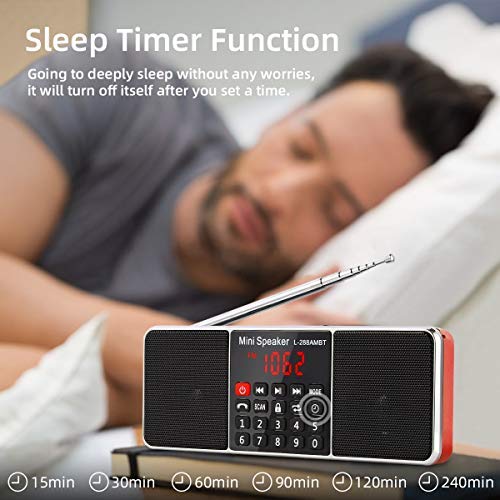 PRUNUS J-288 Portable Radio AM FM Radio with Bluetooth Speaker, Sleep Timer, Power-Saving Display, Ultra-Long Antenna, AUX Input & USB Disk & TF Card MP3 Player, NO Manual Preset Red