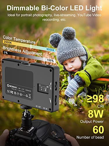 LED Video Light, Moman Camera Light for Photography, Portable 5000mAh Video Recording Lights with Cold Shoe, Mini Light CRI 98+ Dimmable 2500-9000K Video Lighting, On-Camera-LED-Video-Light Black
