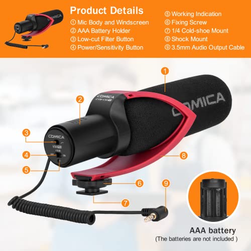 COMICA CVM-V30PRO Shotgun Microphone with Low-Cut Filter, Super Cardioid Red