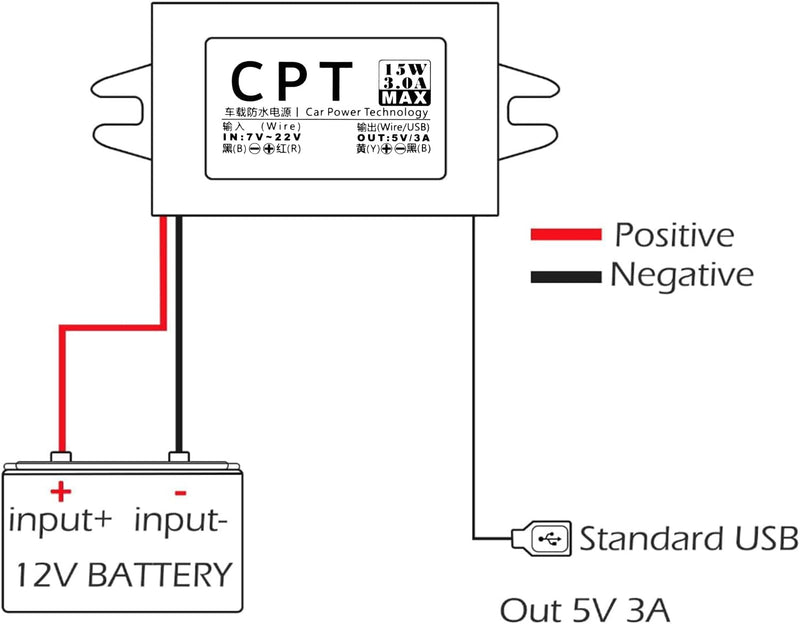 12 V to USB, 12 V to 5 V USB adapter, DC buck converter module 3 A 15 W DC to DC car power converter adapter with fuse (single USB) Single USB with fuse