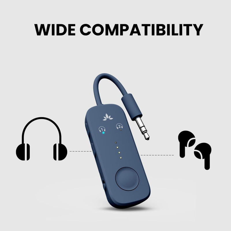 Avantree Relay - Premium Airplane Bluetooth Adapter with Advanced Qualcomm Chipset, 2 Headphones Support, 25hrs Play Time, aptX Adaptive & HD Audio Transmitter for Airpods, Bose & Travel Flight 3-Midnight Blue