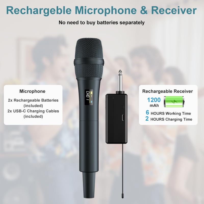 Dual UHF Wireless Microphone System - 2 Handheld Mics, 160ft Range, Noise Cancelling & Rechargeable for DJ/Live Performance, Business Meeting, karaoke singing mic, Recording Anti-Interference