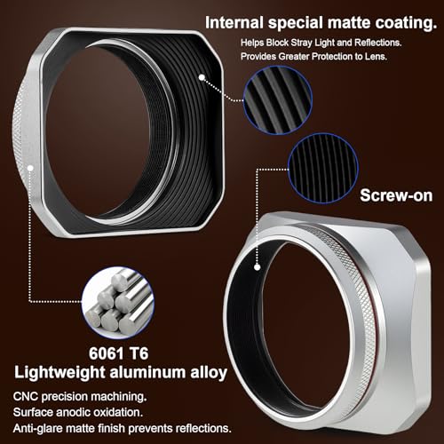 Haoge Square Metal Lens Hood for Fujifilm X100VI Fuji X100V X100F X100T X100S X70 Fuji Photo Camera Accessories Silver with 49mm Uv Filter Adapter Ring LH-X1006S