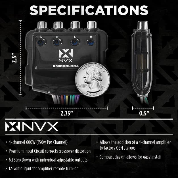 NVX XMICROLOC4 | 600W 4-Channel Speaker Cable to RCA Adjustable Line Output Converter with Remote Turn On Trigger