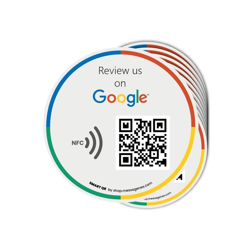 Reusable Review Tap Sticker for Google Reviews - 10-Stickers Pack - QR & Tap NFC Sticker - Review Us on Google Tap Sticker - iPhone & Android - Boost My Reviews Sticker - Set Up at Home | MESSAGENES