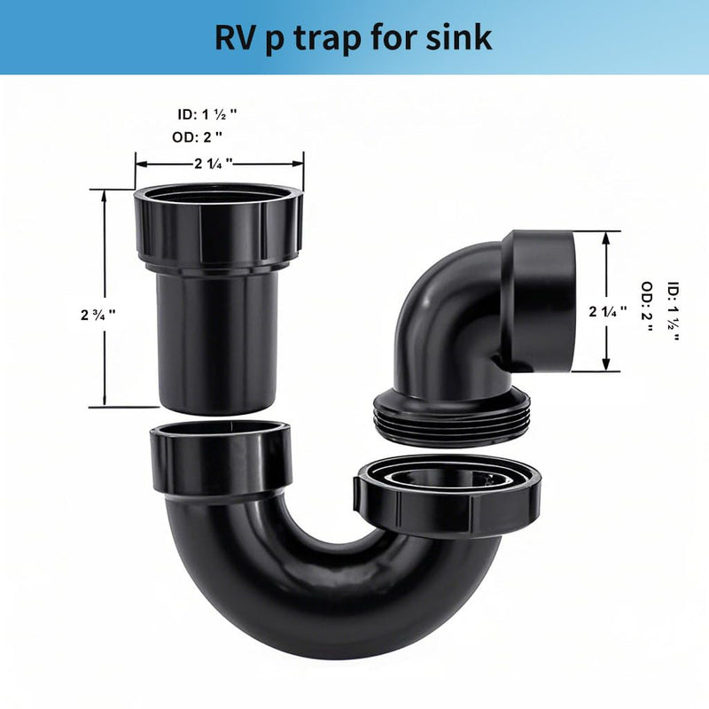 LESSO P Trap with Threaded Adapter Ring,1-1/2" Leak & Odor Proof Drain Kits for Bathroom/Kitchen/RV Sink Drain, ABS P Trap 1-1/2 Inch P-Trap-A