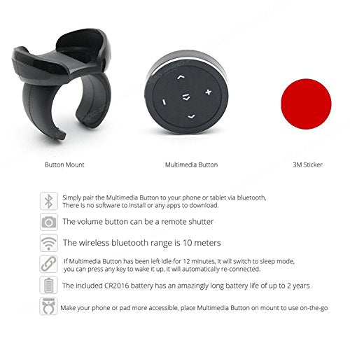 Wireless Bluetooth Media Button Remote Selfie Control Car Motorcycle Steering Wheel Music for iPhone or Android with Mount