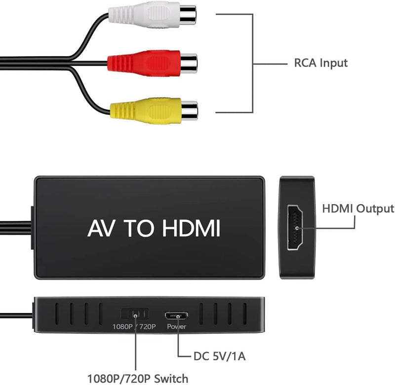 RCA to HDMI Converter, AV to HDMI Adapter,1080P Capture Converter,Composite to HDMI,Support WII/WII U/PS one/PS2/PS3/STB/Xbox/VHS/VCR/Blue-Ray DVD RCA to Hdmi