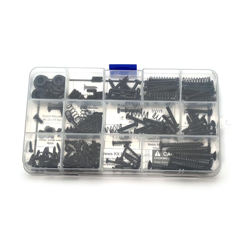 SAPHUE Guitar Screw Kit,201pcs Telecaster Kit, Pickguard Screws， Switch Plate Screws,For Fender/Tele/Strat/Sq,Tuner,Machine Head, Neck Plate,Guitar Strap End Pins,Pickup,Bridge, Guitar Repair Kit multi-size Black