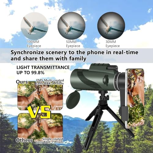 Monocular-Telescope 80x100 High Powered Monoculars High Definition for Adults High Powered with Smartphone Adapter Telescope Hunting Wildlife Bird Watching Travel Camping Hiking-Dark Green 1