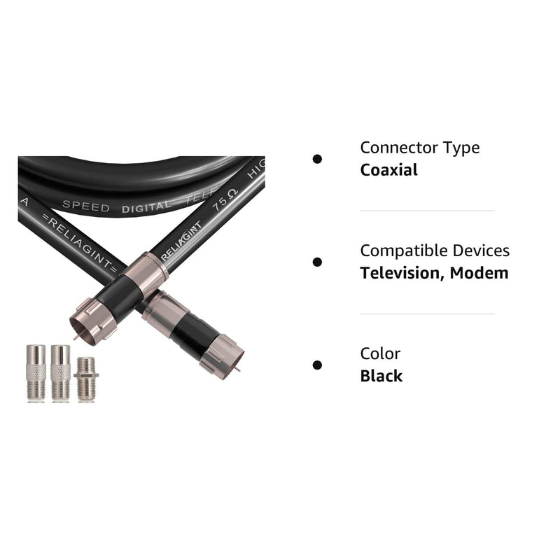 50FT RG6 Coaxial Cable with F Connector, F81 Female Extender Adapter, Low Loss High Speed Coax Cable Cord Extender for HD TV, Dish, Satellite, Antenna, TV Cable (50Feet, Black) 50 FT