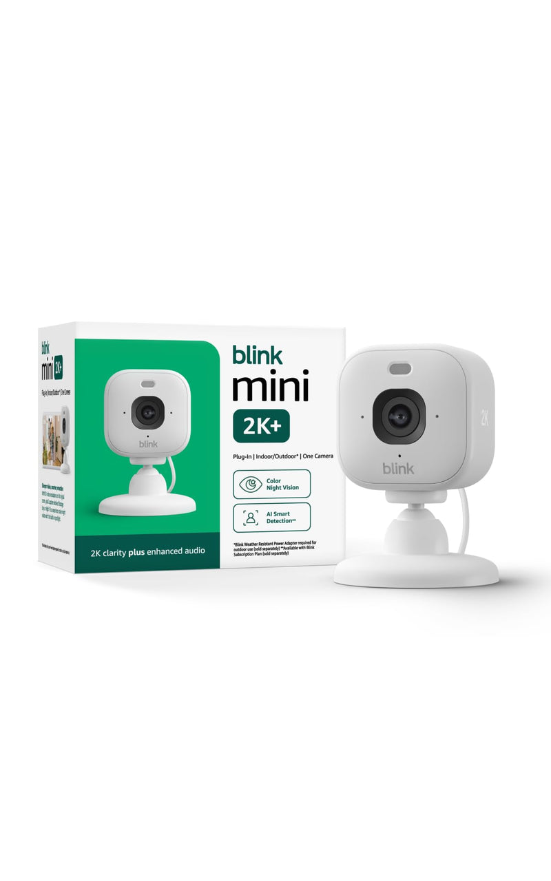 Blink Mini 2K+ (newest model) with 1-Year Basic plan – Plug-in Home & Pet Security Camera with 2K video resolution, color night vision, enhanced audio, motion detection – 1 camera (White)