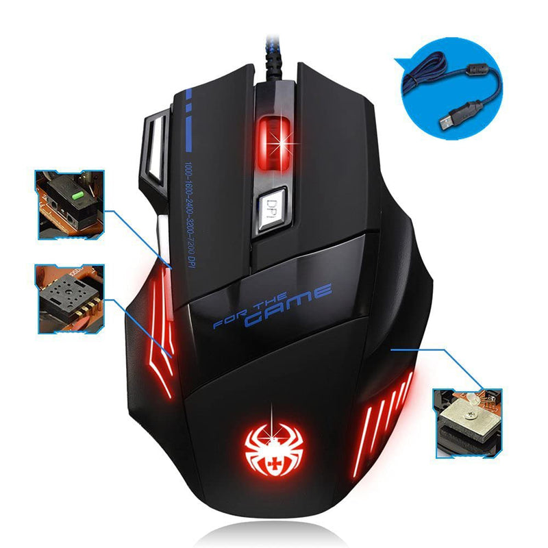 AFUNTA Zelotes Ergonomic 7200 DPI LED Optical Wired Gaming Mouse Mice 7 Buttons Compatible Mac Pro Gamer PC Laptop Desktop Notebook-Black Black(T80)