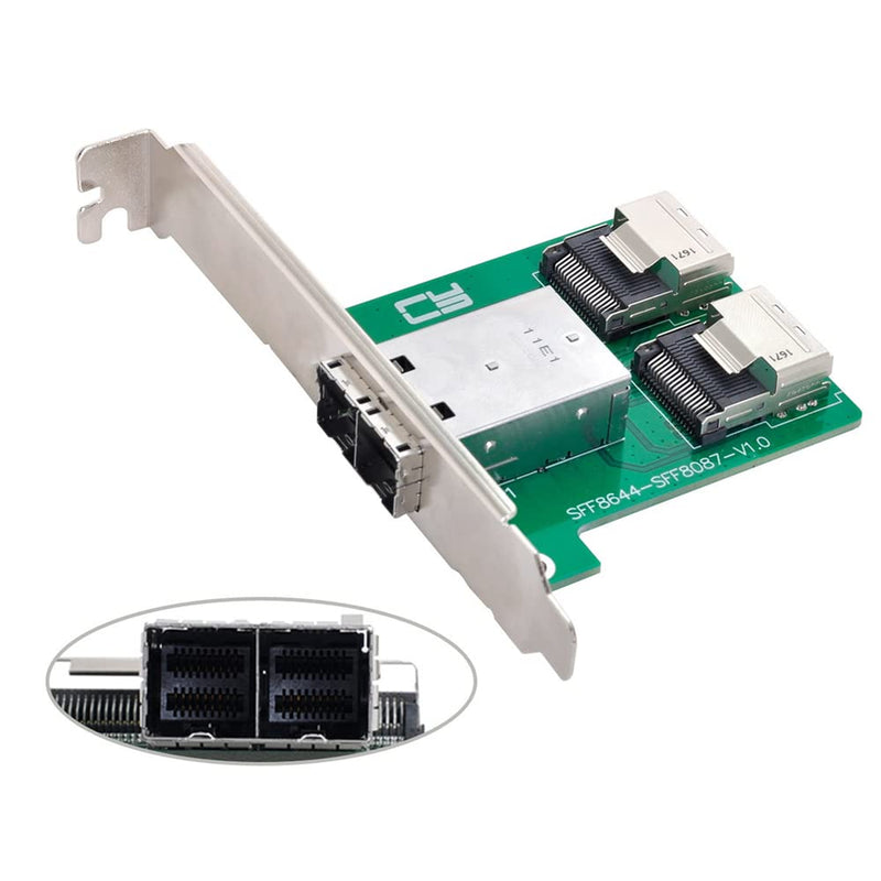 Dual Ports Mini SAS HD SFF-8644 to Internal Mini SAS SFF-8087 PCBA Female Adapter with Low Profile Bracket Green 8087-8644