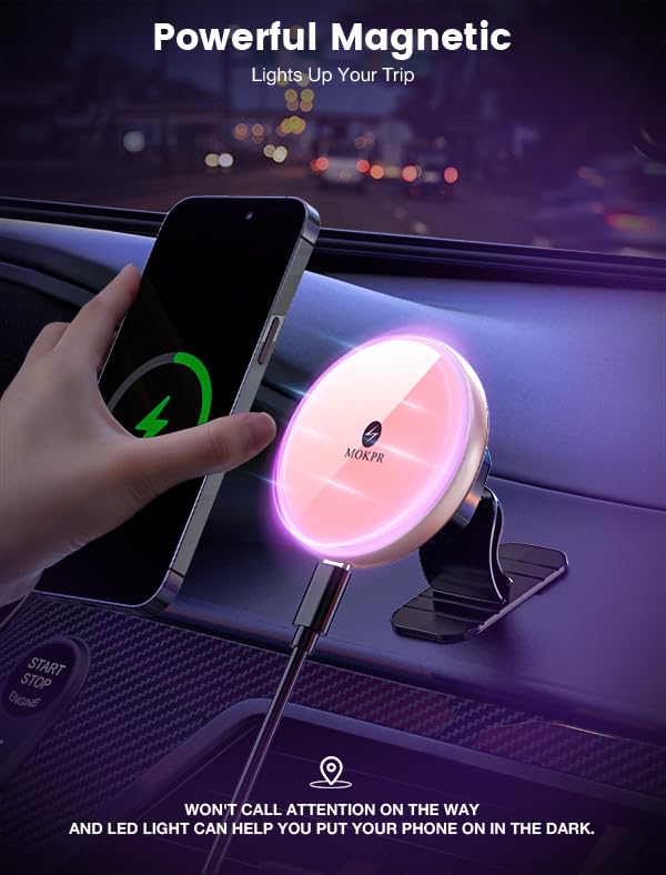 for Magsafe Car Mount Charger 15W LED RGB Car Phone Holder for Dash Vent | HandsFree Magnetic Wireless Car Charger Car Mount Fast Car Charger for iPhone 17 16 15/14/13/12 Series Pink