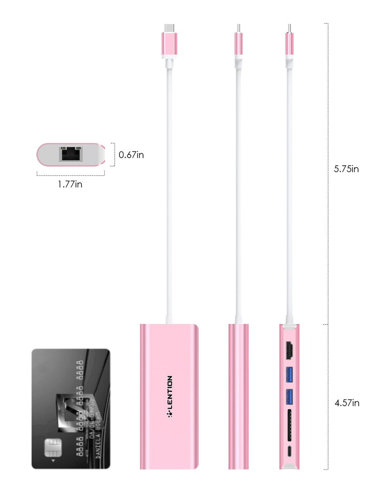 LENTION 6-in-1 USB-C Hub, 2 USB3.0, 4K@30Hz, Ethernet, Card Reader, 100W PD | Ideal for Work & Study, Stable Driver 3.0 Certified, Compatible with macOS, iOS/iPadOS, Windows & ChromeOS (C68, Rose Gold)