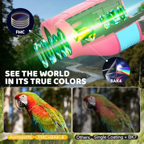 Aurosports 15x25 Compact Binoculars for Kids with Bird Guide Book, Pink